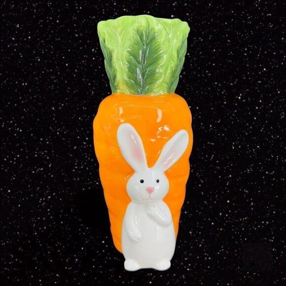 Ceramic Porcelain Bunny And Carrot Tall Vase 3D Figural Whimsical Vase 9"Tall - Picture 1 of 10